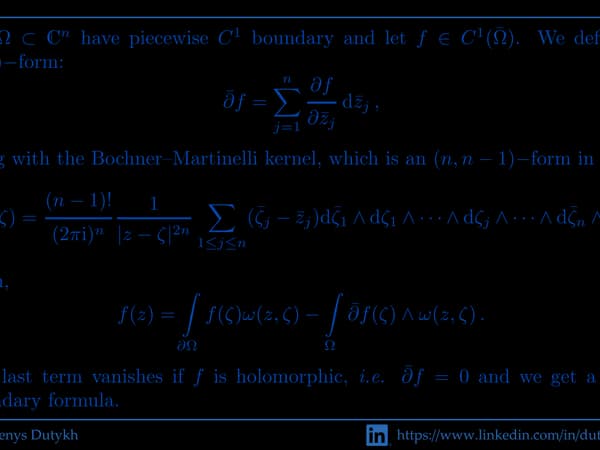 The Bochner–Martinelli formula: a universal (n, n-1) kernel reproducing f from its boundary values, with a volume term that vanishes precisely when f is holomorphic.