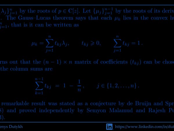 The de Bruijn–Springer theorem: the convex weights expressing the critical points in terms of the roots can be chosen with column sums equal to 1 - 1/n.