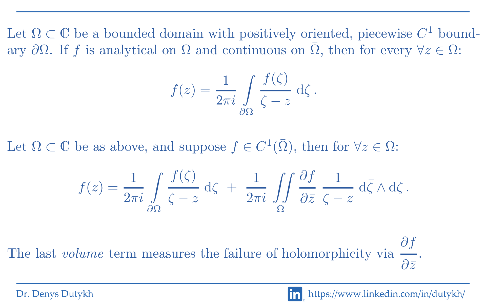 The classical Cauchy integral formula and its smooth counterpart, whose extra volume term measures the failure of holomorphicity.